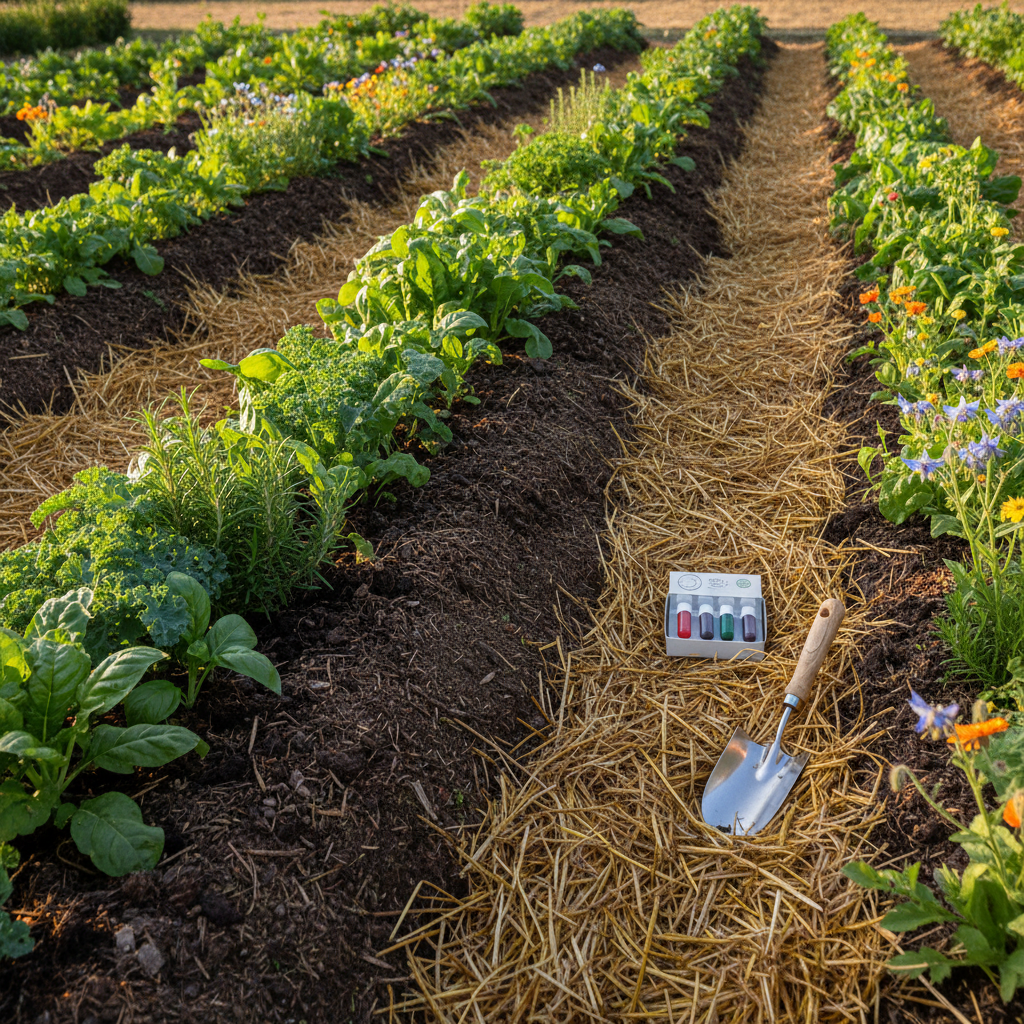 A meticulously organized regenerative garden bed seen in photographic realism, with alternating rows of dark, crumbly compost-rich soil and dense plantings of leafy greens, herbs, and flowering companions. Worm castings and tiny bits of decomposed plant matter are visible in the soil texture. Between the rows, a thick layer of straw mulch covers the pathways, and at the end of the bed, a small, simple soil test kit and stainless steel trowel rest on the ground. Warm late-afternoon sunlight grazes the surface, creating gentle highlights on leaves and soft shadows along the furrows. Captured from a low, side-on perspective along the row using the rule of thirds, the mood is intentional, scientific yet earthy, conveying the care and precision behind nutrient-dense food production.