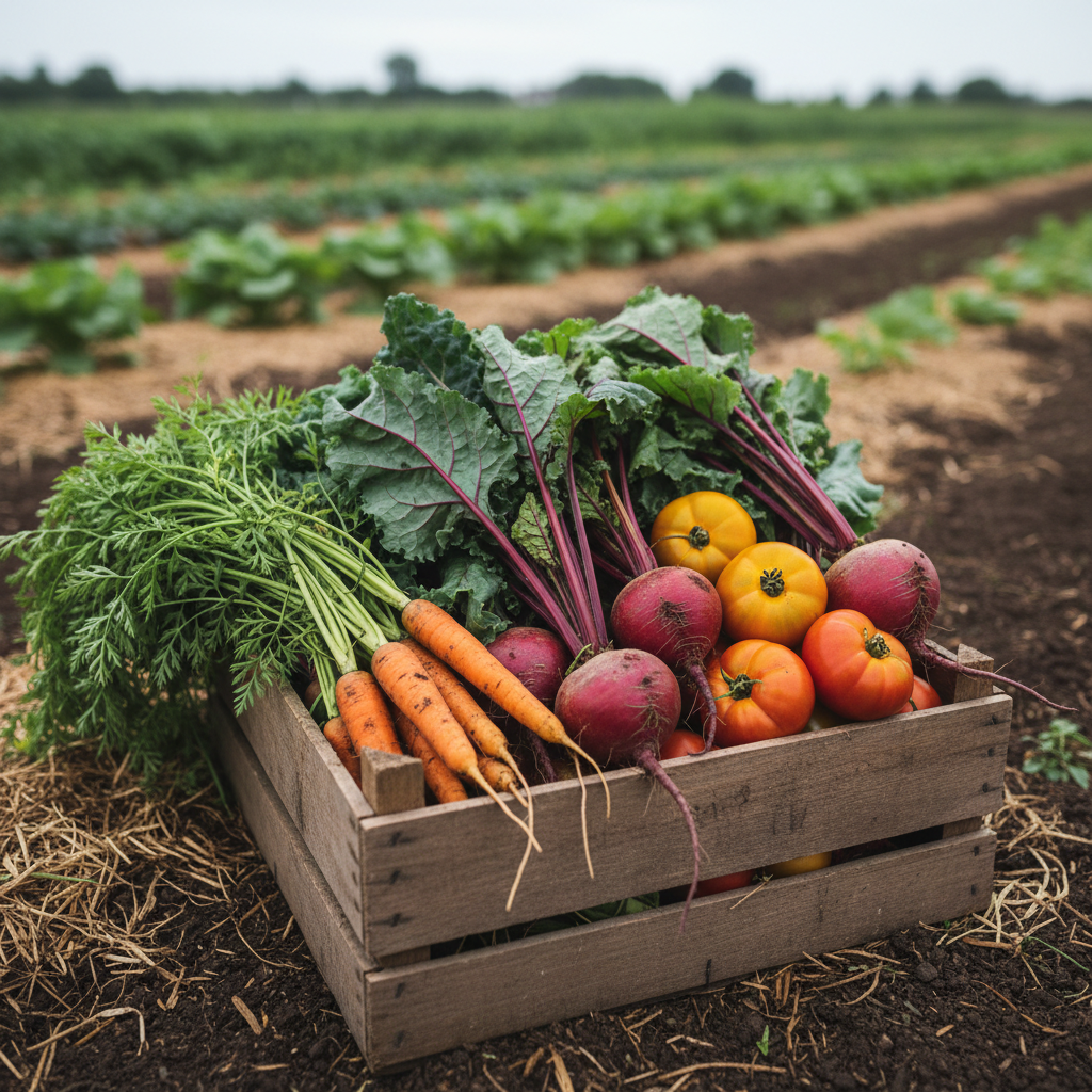 A close-up, photographic view of a freshly harvested crate of nutrient-dense vegetables resting on tilled but covered soil. The wooden crate is packed with soil-dusted carrots, dark green kale leaves with defined veins, deep red beets with glossy skins, and heirloom tomatoes in shades of gold and crimson. Fine root hairs and crumbs of living soil cling to the produce, hinting at microbial richness. Soft, diffused afternoon light from an overcast sky creates even, natural illumination with subtle shadows under the crate. The background is gently blurred, revealing cover crops and mulched pathways. Shot from a slightly elevated angle with a shallow depth of field, the mood is grounded, authentic, and quietly celebratory of real, regenerative farm abundance.
