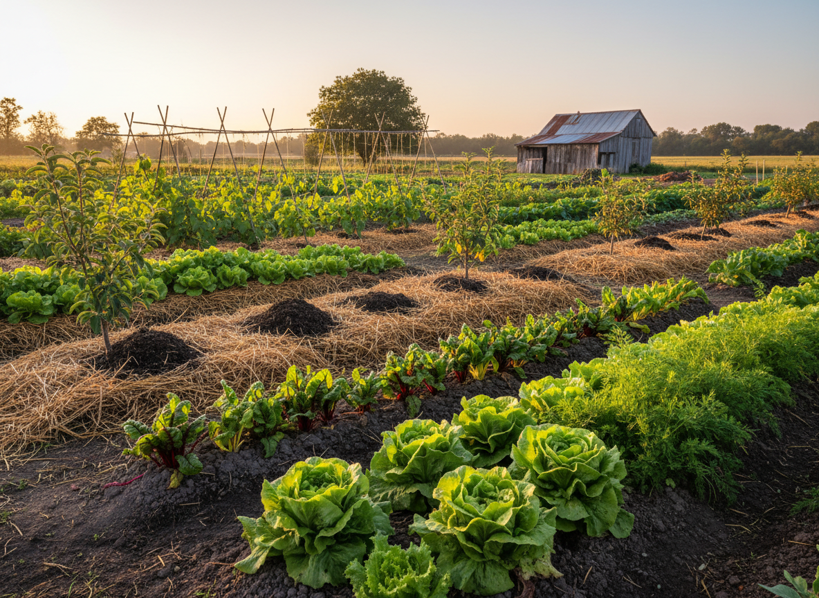 A lush, diversified regenerative farm landscape viewed in photographic realism, with rich dark soil in the foreground and neat beds of vibrant green lettuces, rainbow chard, and carrots with feathery tops stretching into the distance. Young fruit trees are interplanted among vegetables, with straw mulch and visible compost-rich soil between rows. Soft golden hour sunlight bathes the scene, casting long, gentle shadows and highlighting dewdrops on leaves. In the midground, simple wooden trellises support climbing beans, and a small weathered barn sits further back. Shot at eye level with a wide-angle lens, sharp focus throughout, the mood calm, abundant, and hopeful, emphasizing thriving, nutrient-dense life emerging from carefully tended earth.